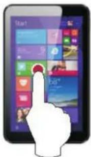 Tablet screen displaying a mobile app interface with 'start' text and a hand pointing at it, showing colorful UI elements.