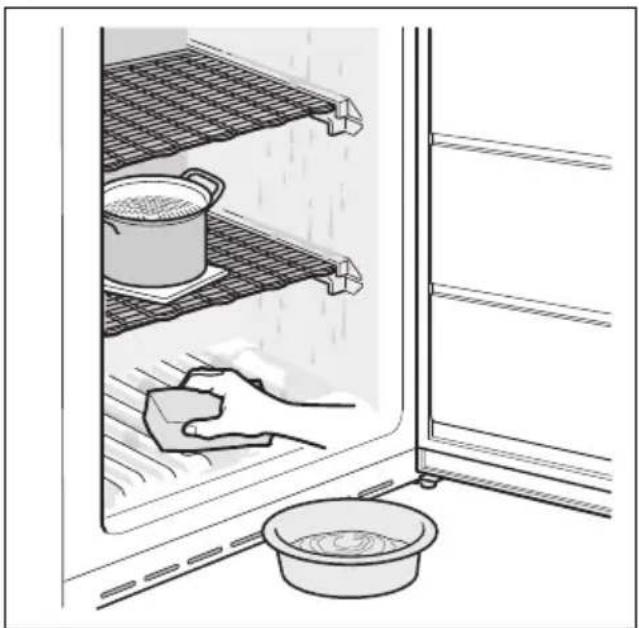 Illustration of a kitchen interior with a hand cleaning a pot and cloth, next to a basin (no text or symbols)
