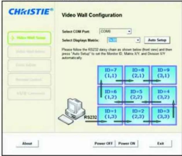 CHKISTIE® Video Wall Configuration Select COM Port: COM) Select Displays Matrix: Auto Setup Please follow the RS232 daisy chain as shown below (front view) and then press "Auto Setup" to set the Monitor ID, Matrix X/Y, and Division X/Y automatically. RS232 About Power OFF Power ON Exit