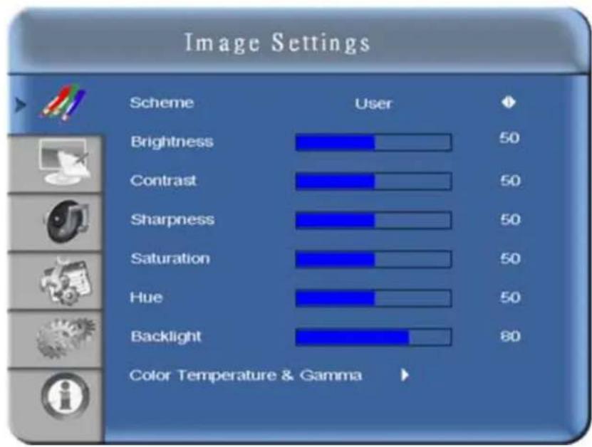 Image Settings Scheme User Brightness 50 Contrast 50 Sharpness 50 Saturation 50 Hue 50 Backlight 80 Color Temperature & Gamma