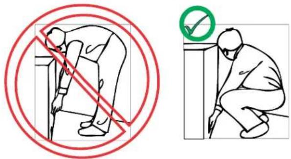 Safety warning illustration showing a person bending forward on a chair and kneeling, with a checkmark indicating no need.