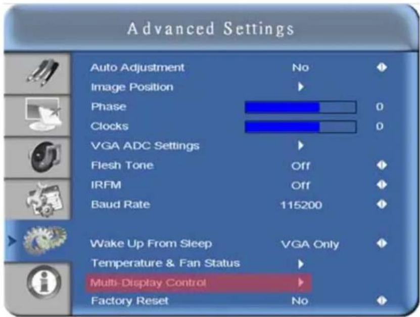 Advanced Settings Auto Adjustment No Image Position Phase 0 Clocks 0 VGA ADC Settings Flesh Tone Off IRFM Off Baud Rate 115200 Wake Up From Sleep VGA Only Temperature & Fan Status Multi-Display Control Factory Reset No