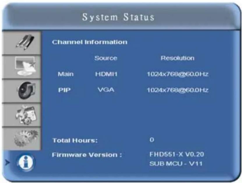 System Status Channel Information Source Resolution Main HDMI1 1024x768@60.0Hz PIP VGA 1024x768@60.0Hz Total Hours: 0 Firmware Version : FHD551-X V0.20 SUB MCU - V11