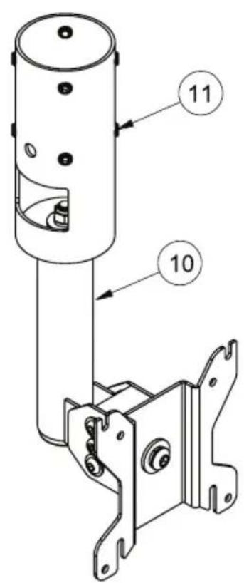 Technical diagram of a mechanical assembly with labeled parts 10 and 11, showing components like a cylindrical component and a bracket.
