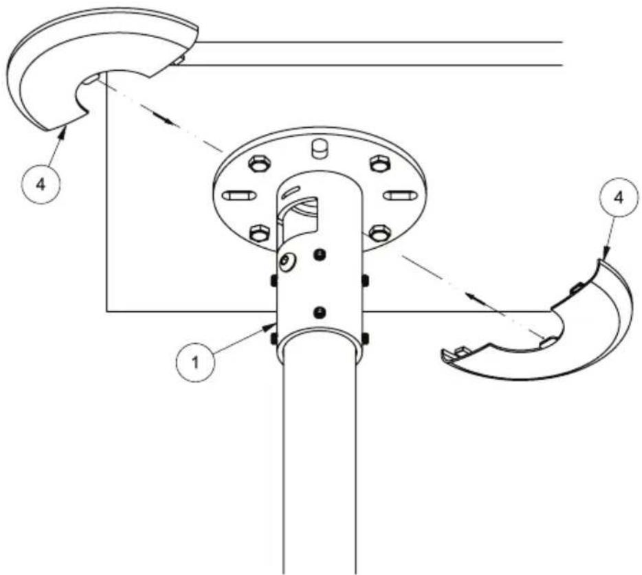 Technical diagram of a mechanical assembly with numbered components and directional arrows indicating motion or force.