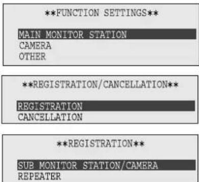 **FUNCTION SETTINGS** MAIN MONITOR STATION CAMERA OTHER **REGISTRATION/CANCELLATION** REGISTRATION CANCELLATION **REGISTRATION** SUB MONITOR STATION/CAMERA REPEATER