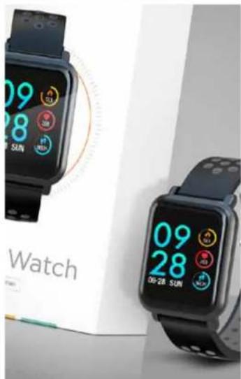 Two smartwatches displayed side by side, one displaying a digital display with app icons and '09 28 SUN' text (no readable document content)