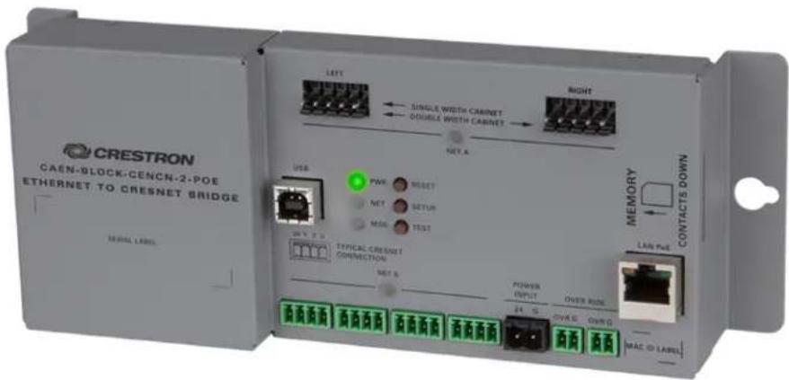 CRESTRON CAEN-BLOCK-CENCN-2-POE ETHERNET TO CRESNET BRIDGE SERIAL LABEL LEFT SINGLE WITH CABINET DOUBLE WITH CABINET RIGHT NET A USB PWE RESET NET SETUP MSL TEST TYPICAL CRESNET CONNECTION NET B POWER INPUT OVER RUN 24.5 0VAC 0VAC 0 MAC ID LABEL MEMORY LAN PWE CONTACTS DOWN