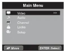 Main Menu Video >> Audio Channel Locks Setup Alive ENTER :Select