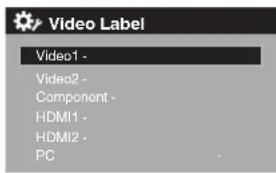 Video Label Video1 - Video2 - Component - HDMI1 - HDMI2 - PC -
