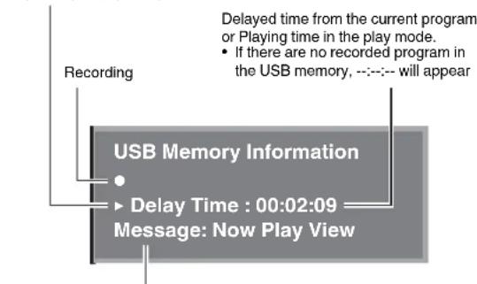 Recording USB Memory Information Delay Time : 00:02:09 Message: Now Play View Delayed time from the current program or Playing time in the play mode. • If there are no recorded program in the USB memory, --:--:-- will appear