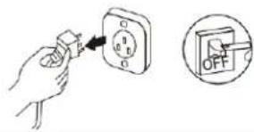 Diagram showing hand inserting a socket into an electrical socket with a switch, alongside a magnified view of the socket's OFF button.