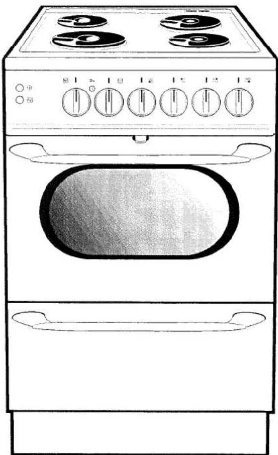 Line drawing of a vintage kitchen oven with four stoves and control knobs (no text or symbols)