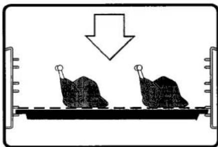 Diagram showing two coal piles on a conveyor belt with a downward arrow indicating flow or movement (no text or symbols)