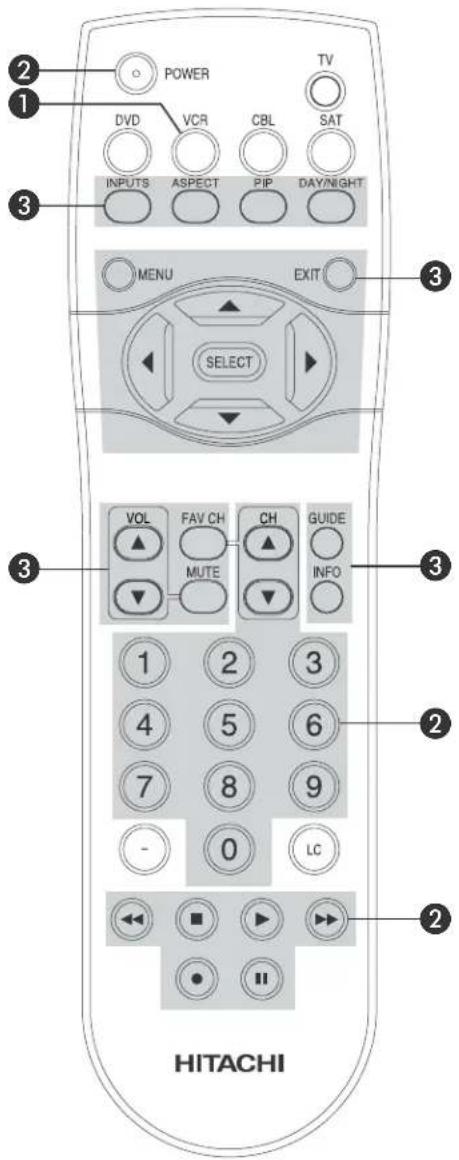 POWER TV DVD VCR CBL SAT INPUTS ASPECT PIP DAY/NIGHT MENU EXIT SELECT VOL FAV CH CH GUIDE MUTE INFO 1 2 3 4 5 6 7 8 9 0 LC 2 HITACHI