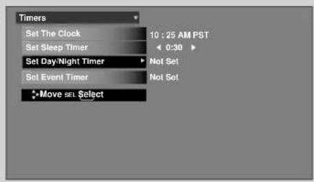 Timers Set The Clock 10 : 25 AM PST Set Sleep Timer ← 0:30 ► Set Day/Night Timer Not Set Set Event Timer Not Set →Move set $Select