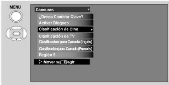 MENU Censuras ¿Desea Cambiar Clave? Activar Bloqueo Clasificación de Cine Clasificación de TV Clasificación para Canada (Ingles) Clasificación para Canadá (Franos) Región 5 Mover set_Elegir