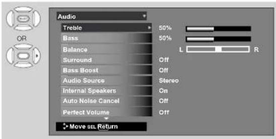 Audio Treble Bass Balance Surround Bass Boost Audio Source Internal Speakers Auto Noise Cancel Perfect Volume Move sel Return 50% 50% Off Off Stereo On Off Off