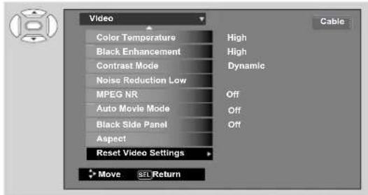Video Color Temperature Black Enhancement Contrast Mode Noise Reduction Low MPEG NR Auto Movie Mode Black Side Panel Aspect Reset Video Settings Move SET Return High High Dynamic Off Off Off Cable