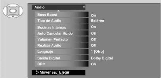 Audio Bass Boost Tipo de Audio Bocinas Internas Auto Cancelar Ruido Volumen Perfecto Realzar Audio Lenguaje Salida Digital DRC On Estéreo On Off Off 1 [Otro] Dolby Digital On Mover sel/ Elegir