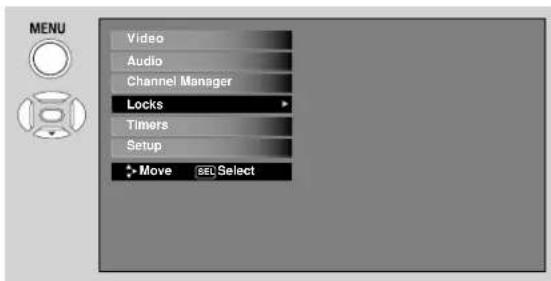 MENU Video Audio Channel Manager Locks Timers Setup Move SEE Select