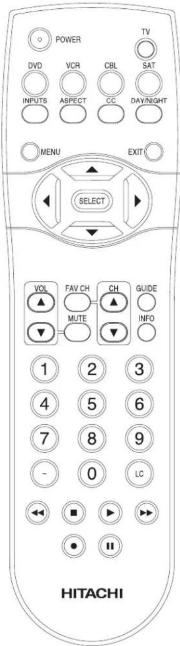 POWER DVD VCR CBL SAT INPUTS ASPECT CC DAY/NIGHT MENU EXIT SELECT VOL FAV CH CH GUIDE ▲ ▲ ▲ MUTE INFO 1 2 3 4 5 6 7 8 9 - 0 LC ← ■ ► ► ● II HITACHI