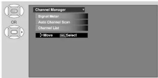 Channel Manager Signal Meter Auto Channel Scan Channel List Move SEL Select