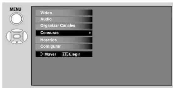 MENU Video Audio Organizar Canales Consuras Horarios Configurar Mover sel Elegir