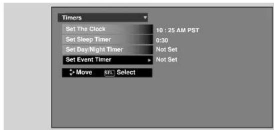 Timers Set The Clock 10 : 25 AM PST Set Sleep Timer 0:30 Set Day/Night Timer Not Set Set Event Timer Not Set Move SEL Select