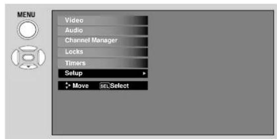 MENU Video Audio Channel Manager Locks Timers Setup Move SEL Select