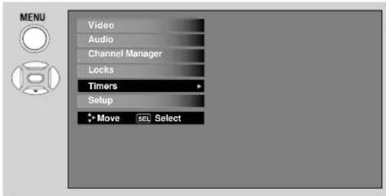 MENU Video Audio Channel Manager Locks Timers Setup Move sel Select