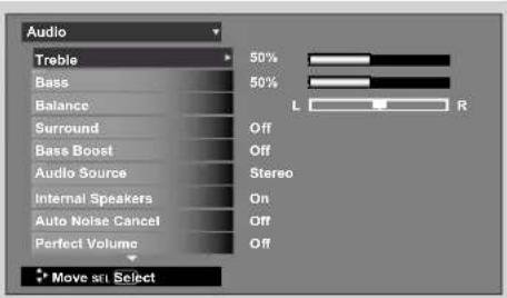Audio Treble 50% 50% Balance Surround Off Bass Boost Off Audio Source Stereo Internal Speakers On Auto Noise Cancel Off Perfect Volume Off Move sn Select