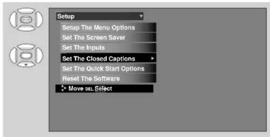 Setup Setup The Menu Options Set The Screen Saver Set The Inputs Set The Closed Captions Set The Quick Start Options Reset The Software Move sel Select