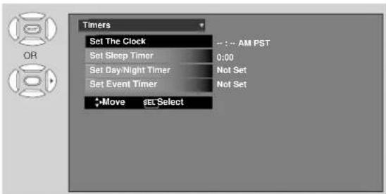 Timers Set The Clock Set Sleep Timer Set Day/Night Timer Set Event Timer Move setSelect - : - AM PST 0:00 Not Set Not Set