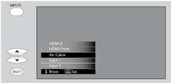 INPUTS HDMI 2 HDMI-Front Air /Cable Input 1 Input 2 Move SEL Sel.