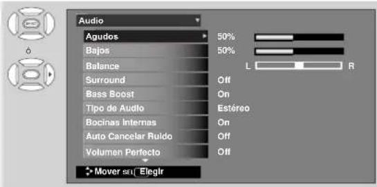 Audio Agudos 50% Bajos 50% Balance Surround Off Bass Boost On Tipo de Audio Estéreo Bocinas Internas On Auto Cancelar Ruido Off Volumen Perfecto Off Mover sin Elegir