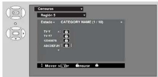 Censuras Reglón 5 Estado CATEGORY NAME (1 / 10) TV-Y TV-V7 12345678 ABCDEFGHIJKLMNOPQRSTUVWXYZ ABCDEFGHIJKLMNOPQRSTUVWXYZ Mover sal Ver Censurar