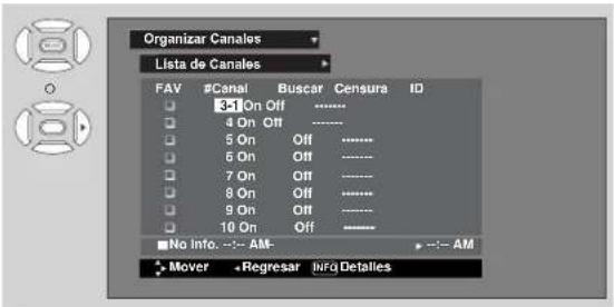 Organizar Canales Lista de Canales FAV #Canal Buscar Censura ID 3-1 On Off 4 On Off 5 On Off 6 On Off 7 On Off 8 On Off 9 On Off 10 On Off No Info. - - AM- Mover - Regresar InfQ Detalles
