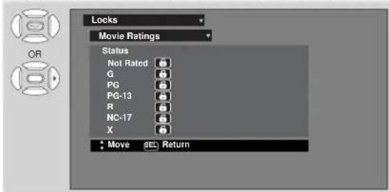 Locks Movie Ratings Status Not Rated G PG PG-13 R NC-17 X Move SEL Return