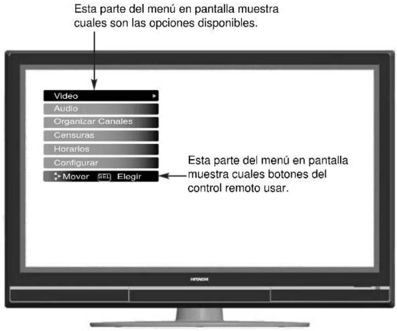 Esta parte del menú en pantalla muestra cuales son las opciones disponibles. Video Audio Organizar Canales Censuras Horarios Configurar Mover SED Elegir Esta parte del menú en pantalla muestra cuales botones del control remoto usar.