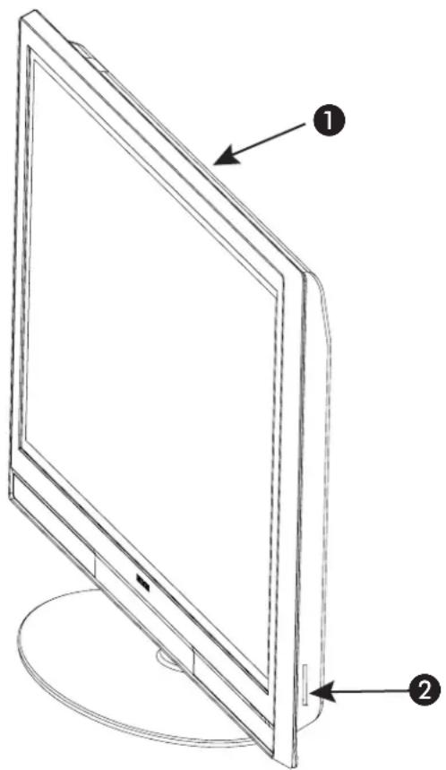 Technical diagram of a flat-screen monitor with labeled parts 1 and 2