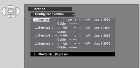 Horarios Configurar Eventos □ Event01 : -- : -- AM → -- : -- AM Jan. 1 2005 Cable ---- □ Event02 : -- : -- AM → -- : -- AM Jan. 1 2005 Cable ---- □ Event03 : -- : -- AM → -- : -- AM Jan. 1 2005 Cable ---- □ Event04 : -- : -- AM → -- : -- AM Jan. 1 2005 Cable ---- Mover set Regresar