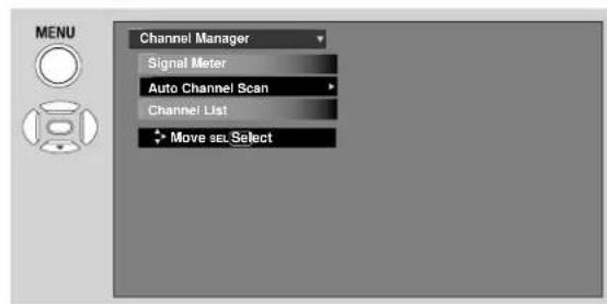 MENU Channel Manager Signal Meter Auto Channel Scan Channel List + Move sel.Select