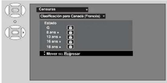 Censuras Clasificación para Canadás (Francés) Estado G 8 ans + 13 ans + 16 ans + 18 ans + • Mover sell Regresar