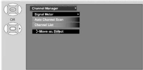 Channel Manager Signal Meter Auto Channel Scan Channel List Move sel Select