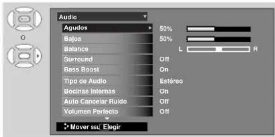 Audio Agudos Bajos Balance Surround Bass Boost Tipo de Audio Bocinas Internas Auto Cancelar Ruido Volumen Perfecto Mover seu Elegir 50% 50% Off On Estéreo On Off Off