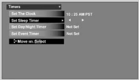 Timers Set The Clock Set Sleep Timer Set Day/Night Timer Set Event Timer Move set Select 10 : 25 AM PST Not Set Not Set