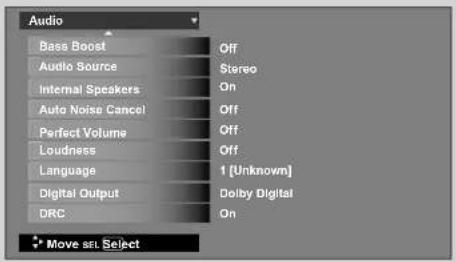 Audio Bass Boost Audio Source Internal Speakers Auto Noise Cancel Perfect Volume Loudness Language Digital Output DRC Off On Off Off Off 1 [Unknown] Doiby Digital On Move set Select