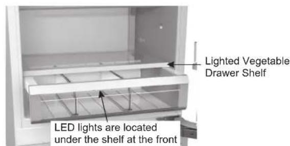 Lighted Vegetable Drawer Shelf LED lights are located under the shelf at the front
