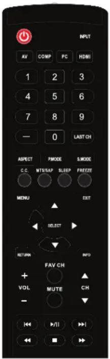 INPUT AV COMP PC HDMI 1 2 3 4 5 6 7 8 9 — 0 LAST CH ASPECT PMODE S MODE C.C. MTS/LAP SLEEP FREEZE MENU EXIT SELECT RETURN INFO FAV CH + ○ ▲ VOL MUTE CH - ▼ |← |→| ← |→| ← |→| ← |→| ← |→| ← |→| ← |→| ← |→| ← |→| ← |→| ← |→| ← |→| ← |→| ← |→| ← |→| ← |→| ← |→| ← |→| ← |→| ← |→| ← |→| ← |→| ← |→| ← |→| ← |→| ← |→|